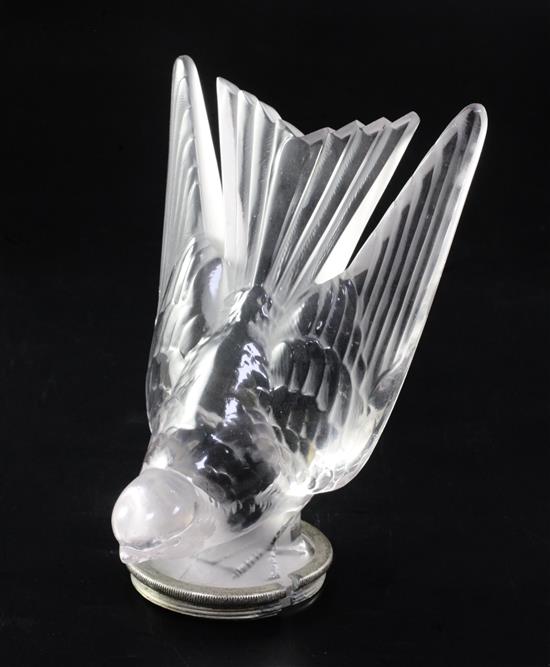 Hirondelle/Swallow. A glass mascot by René Lalique, introduced on 10/2/1928, No.1143 Height 14.2cm.